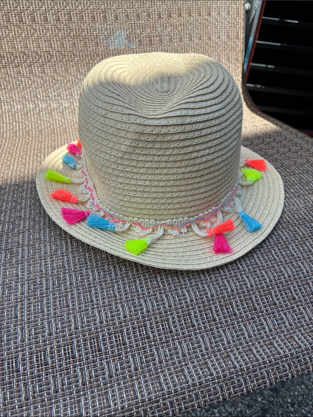 Justice Girls Beige Straw Hat with Neon Tassels